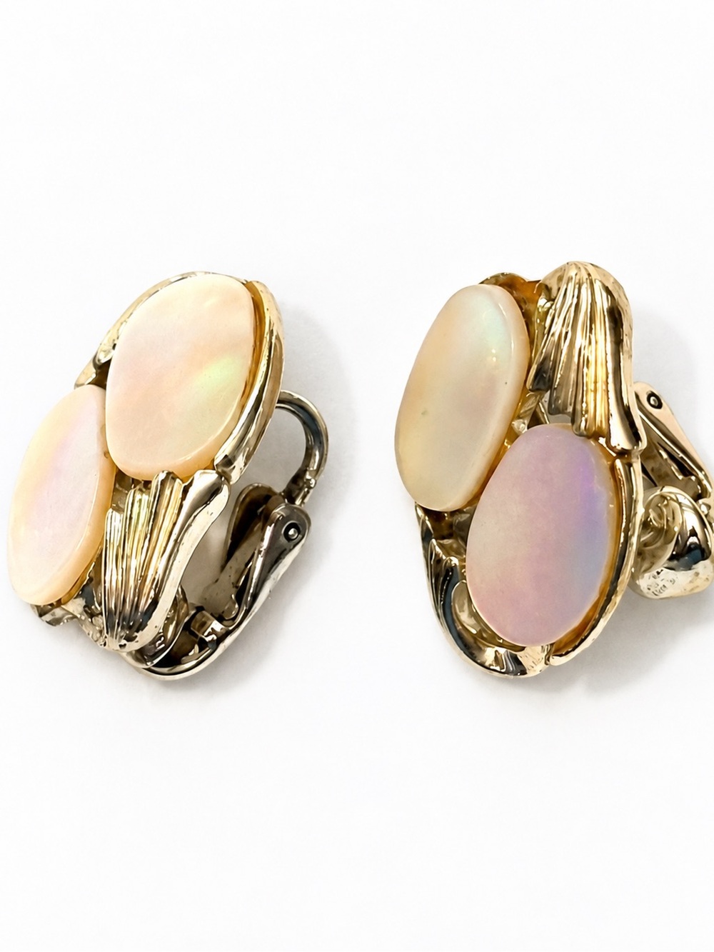 Coro Signed Vintage 1950s Iridescent Moonglow Lucite Gold-Tone Clip-On Earrings